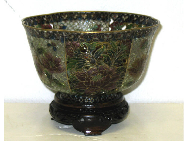 Appraisal: CHINESE PLIQUE-A-JOUR BOWL Gilt metal framed flaring lobbed sides decorated