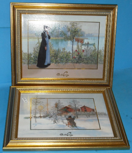 Appraisal: Goebel Framed Wall Plaques By Carl Larson Brita With Sledge