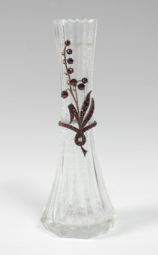 Appraisal: CUT GLASS VASE ADORNED WITH BOHEMIAN GARNETS Zipper cut glass