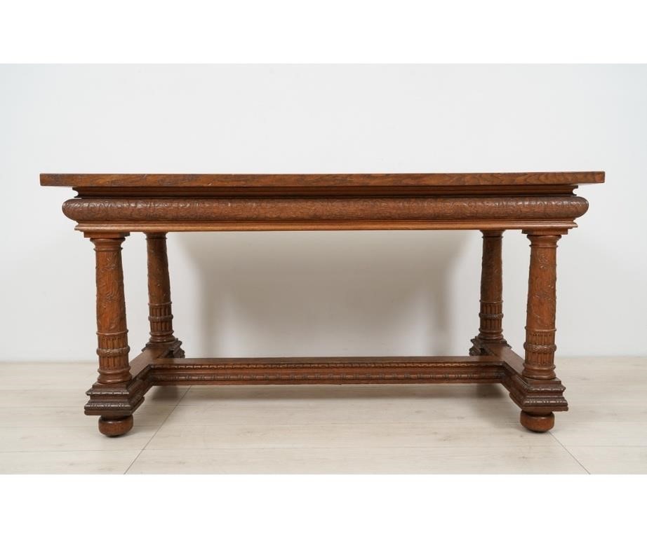 Appraisal: Oak library table circa with carved legs all joined by