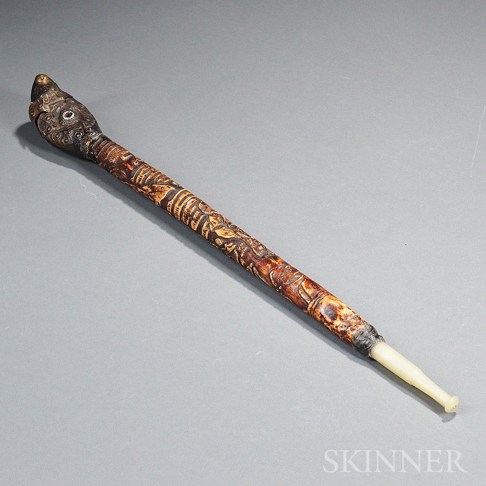 Appraisal: Carved Bone Opium Pipe Southeast Asia the barrel carved with