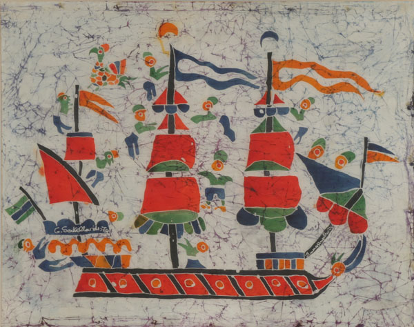 Appraisal: Unknown th century Viking Ships Batik painting on silk Two