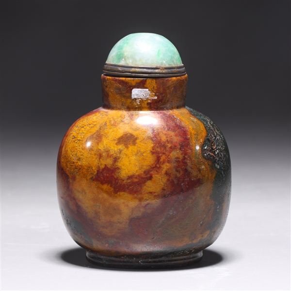 Appraisal: Large Chinese well hollowed moss agate snuff bottle green stone