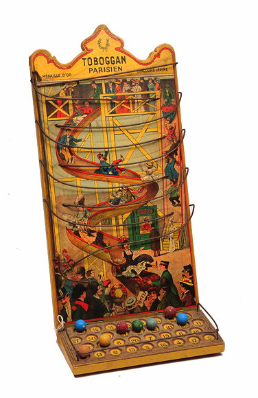 Appraisal: A TH CENTURY BAGATELLE TYPE GAME 'TOBOGGAN PARISIEN' with coloured