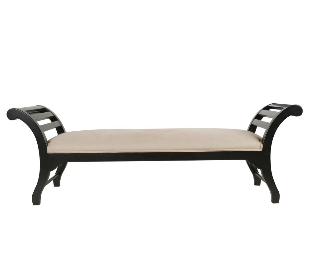 Appraisal: EBONIZED WOOD BENCHcontemporary manufacturer unknown beige linen upholstery Provenance The