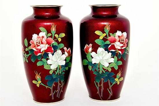 Appraisal: Pair Japanese cloisonne vases circa pigeon blood red ground over