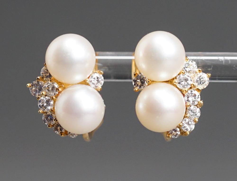 Appraisal: Pair of -Karat Yellow-Gold Cultured Pearl and Diamond French Clip