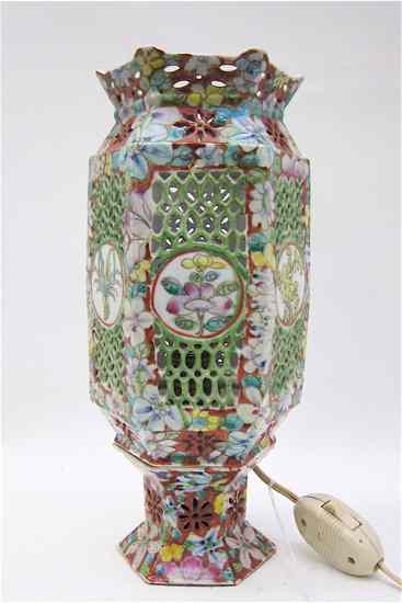 Appraisal: CHINESE PORCELAIN TABLE LAMP hand painted with pierced floral motif