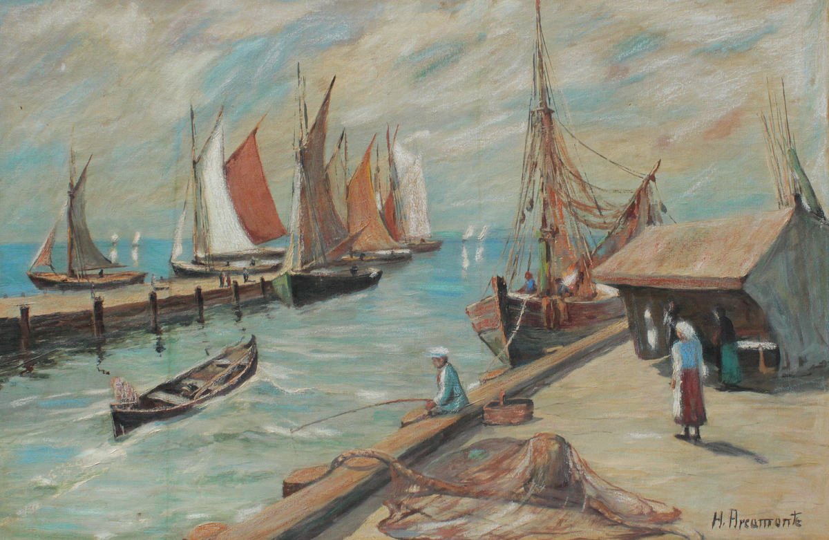 Appraisal: OIL on CANVAS PAINTING SIGNED H ARCAMONTE Dockside Scene with