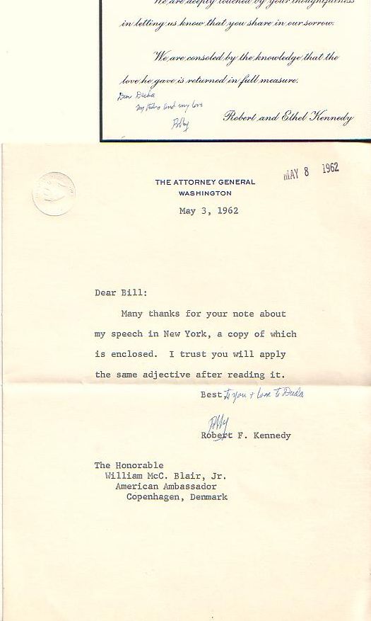 Appraisal: KENNEDY ROBERT Two items Typed Letter Signed Printed Note Signed