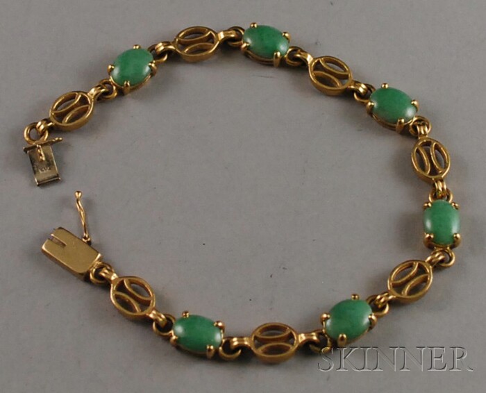 Appraisal: kt Gold and Cabochon Jade Bracelet total dwt lg in