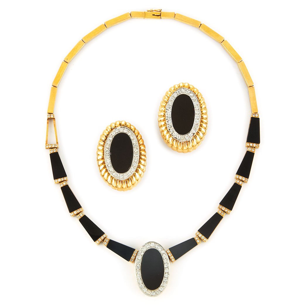 Appraisal: Black Onyx and Diamond Necklace and Pair of Earrings kt