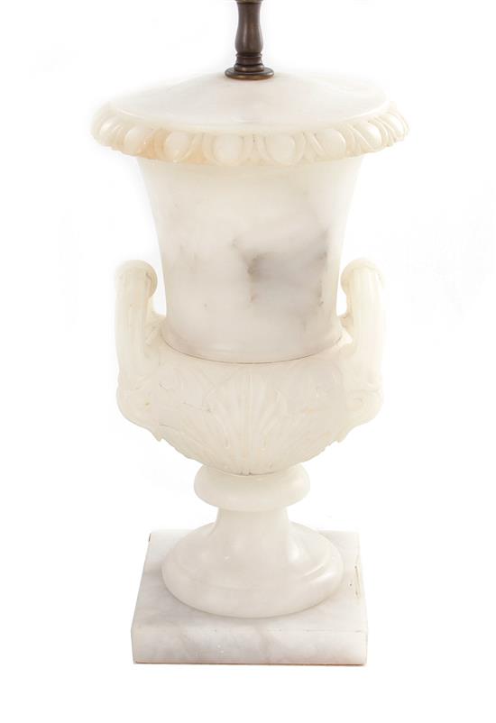 Appraisal: Italian carved alabaster urn-form lamp early th century urn H