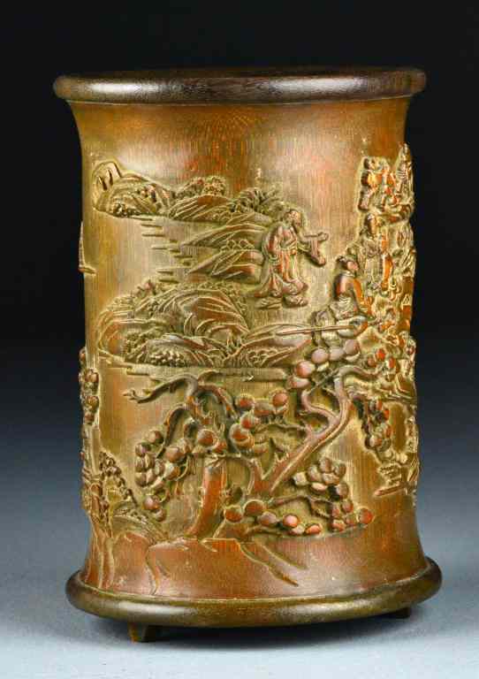 Appraisal: Chinese Carved Bamboo BrushwashFinely carved to depict figures within a