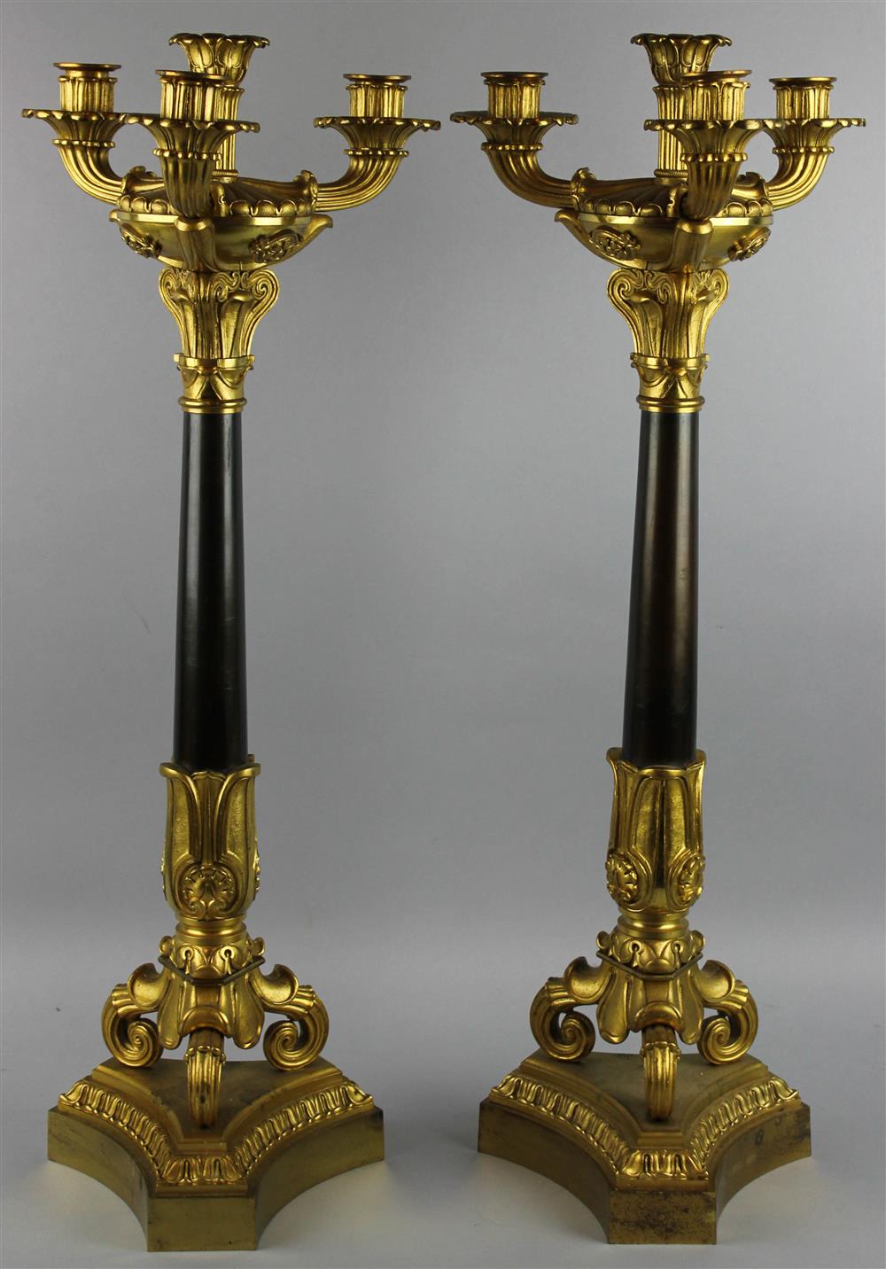 Appraisal: PAIR OF CHARLES X STYLE PARCEL GILT BRONZE CANDELABRA each