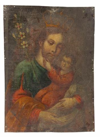 Appraisal: Unframed oil on tin retablo Mexico San Jose Saint Joseph