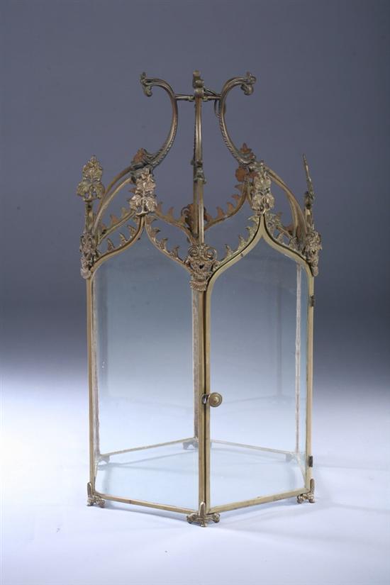 Appraisal: GOTHIC REVIVAL HEXAGONAL GILT-METAL HANGING LANTERN th century with glazed-panel