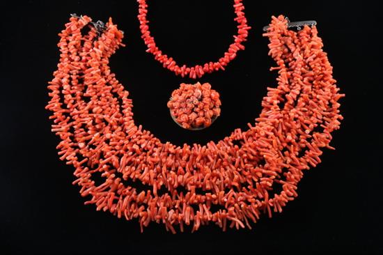 Appraisal: THREE PIECES VICTORIAN ORANGE CORAL JEWELRY Including seven-strand branch coral