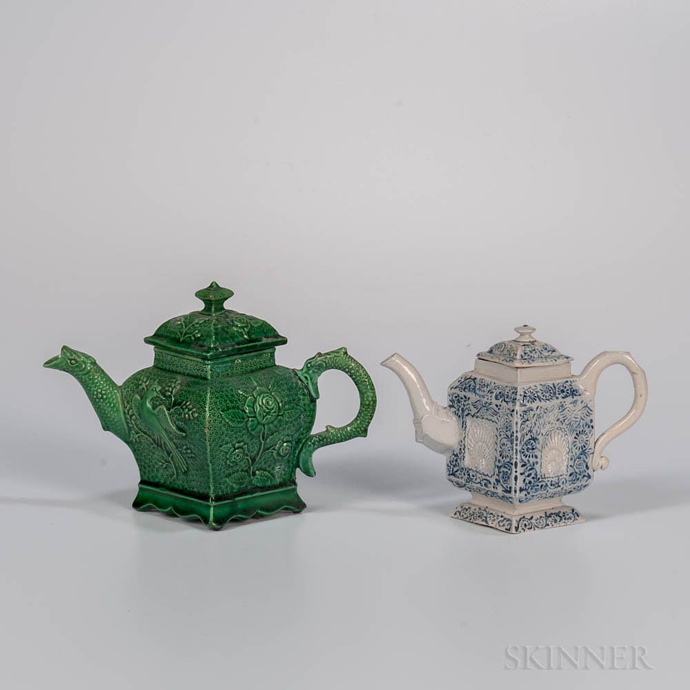 Appraisal: Two Staffordshire Diamond-shaped Teapots and Covers Two Staffordshire Diamond-shaped Teapots