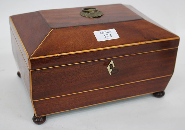 Appraisal: A GEORGE III MAHOGANY SATINWOOD INLAID TEA CADDY with brass