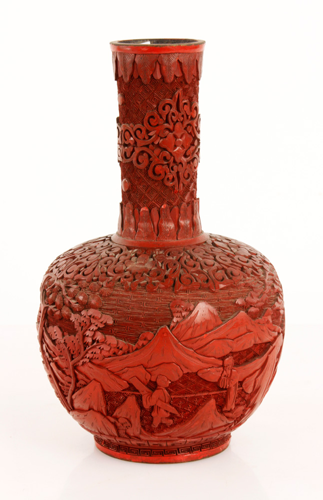 Appraisal: - Chinese Republic Period Red Lacquer Vase Carved red lacquer