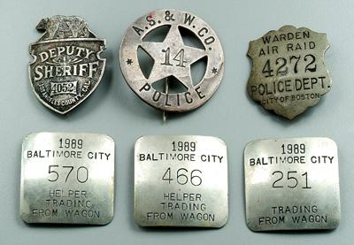 Appraisal: Six badges three Baltimore City marked quot Helper Trading From