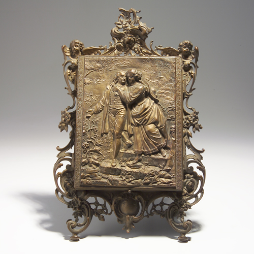 Appraisal: Bronze folding mirror With low relief figures in nature x