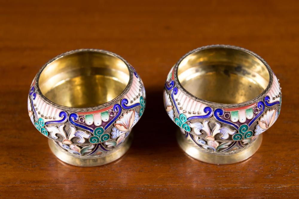 Appraisal: A PAIR OF RUSSIAN ENAMELED SILVER SALTS Feodor Ruckert Faberge