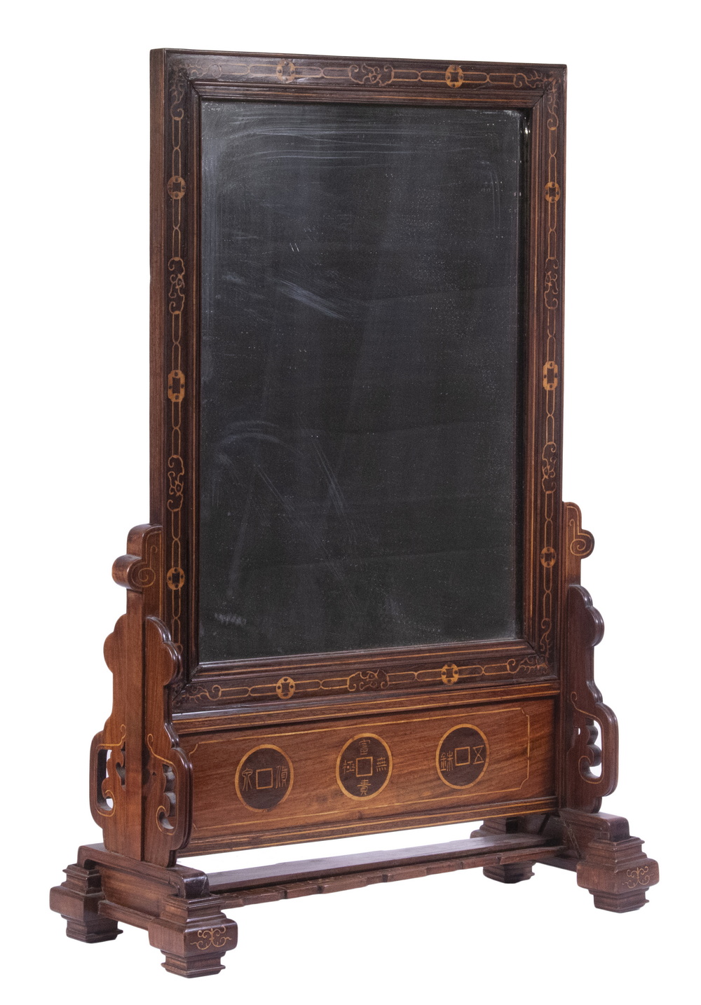 Appraisal: TH C CHINESE INLAID TABLETOP MIRROR TWO-PART Mahogany with decorative