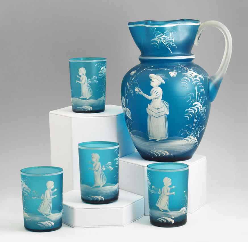 Appraisal: MARY GREGORY LEMONADE SET Blue satin glass pitcher and tumblers