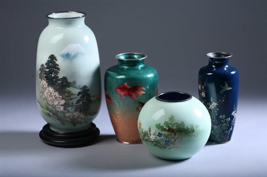 Appraisal: TWO JAPANESE ANDO CLOISONN ENAMEL VASES One with riverscape and