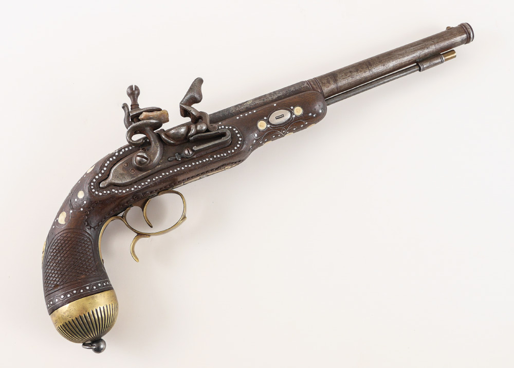 Appraisal: TH CENTURY FLINTLOCK INLAID PISTOL Most likely Spanish profusely inlaid