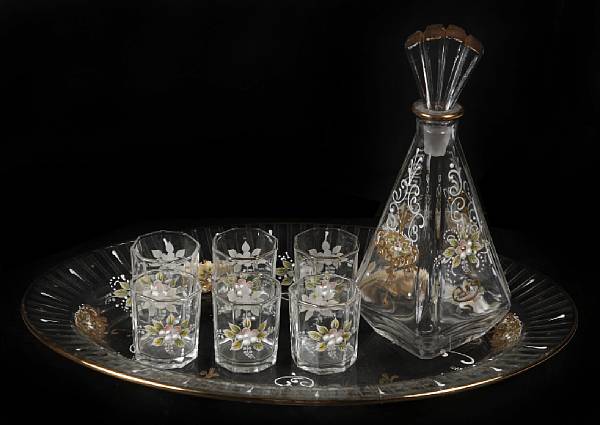 Appraisal: A Continental enamel and gilt heightened glass cordial set comprising