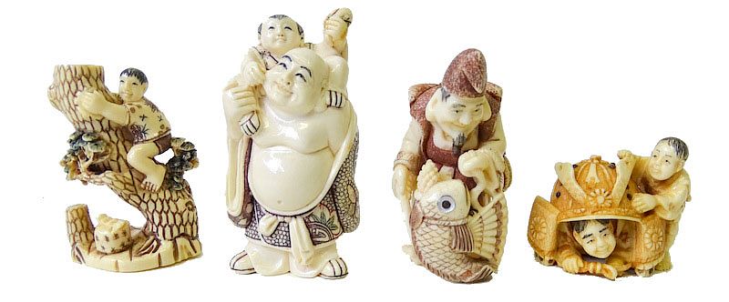 Appraisal: Four Chinese Carved Netsuke Groups Four Chinese Carved Ivory Netsuke