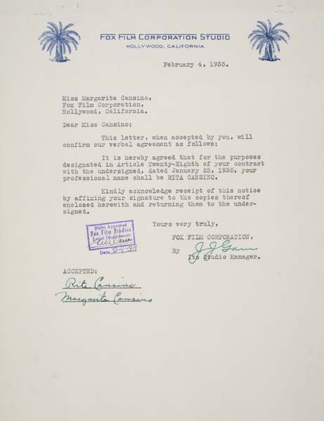 Appraisal: RITA HAYWORTH Typed letter signed by Hayworth agreeing to change