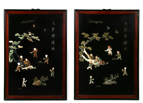 Appraisal: A pair Chinese carved hardstone inlaid plaques height in width