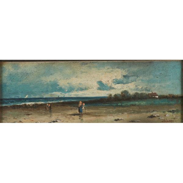 Appraisal: TWO EUROPEAN LANDSCAPES Oil on panel landscapes with figures gilt