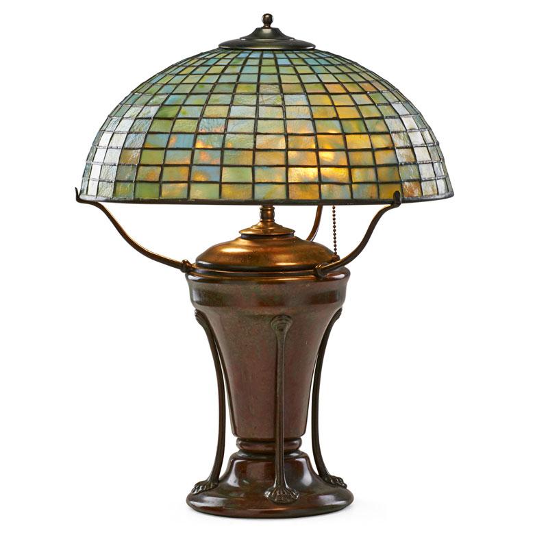 Appraisal: TIFFANY STUDIOS Table lamp geometric shade TIFFANY STUDIOS Table lamp