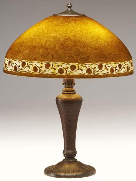 Appraisal: HANDEL Table lamp its hemispherical milk glass shade obverse-painted with