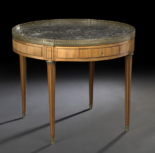 Appraisal: Louis XVI-Style Kingwood and Marble-Top Bouillotte Table ca the circular