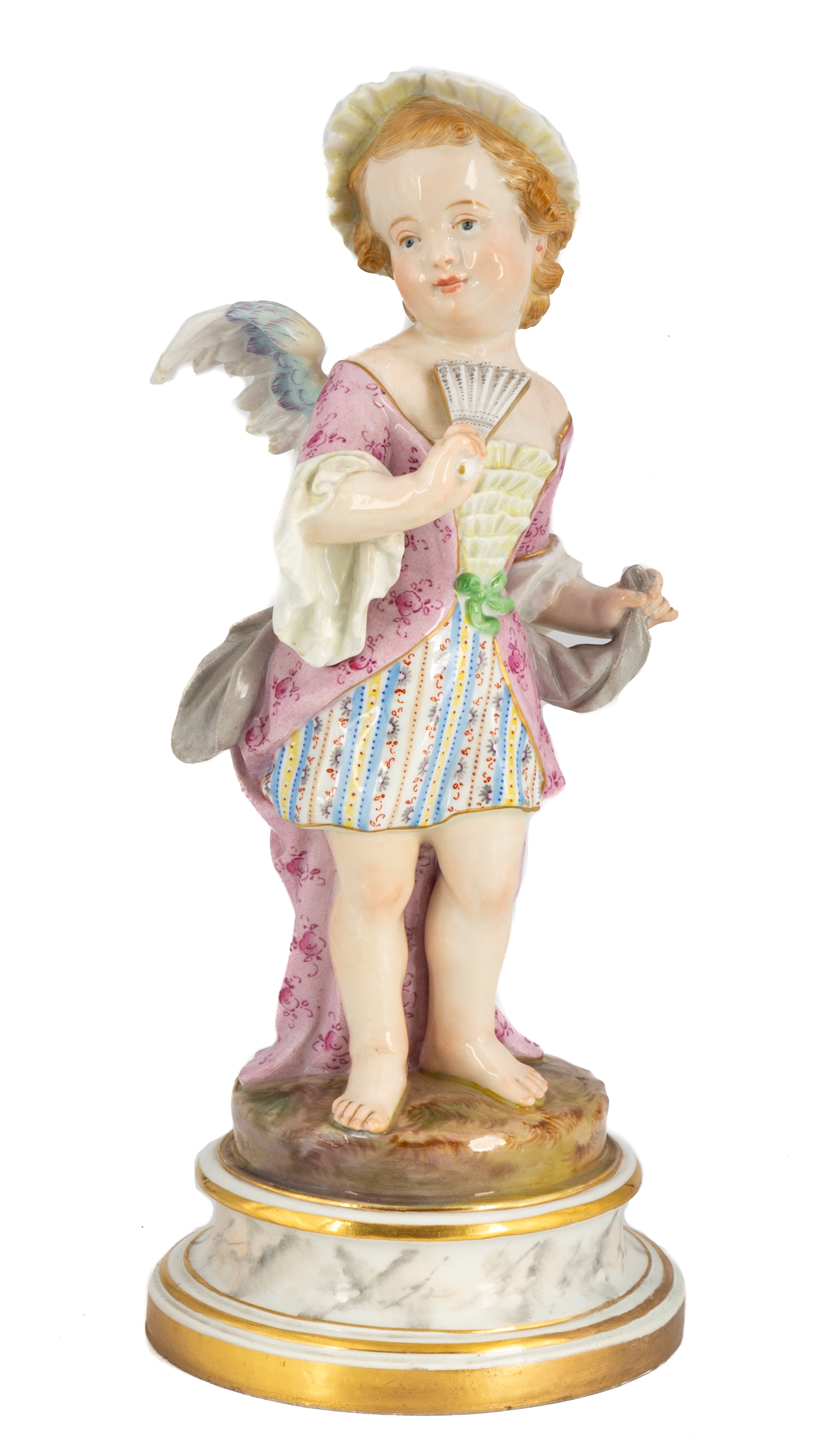 Appraisal: MEISSEN FIGURINE OF A CHERUB WITH FAN th century Crossed