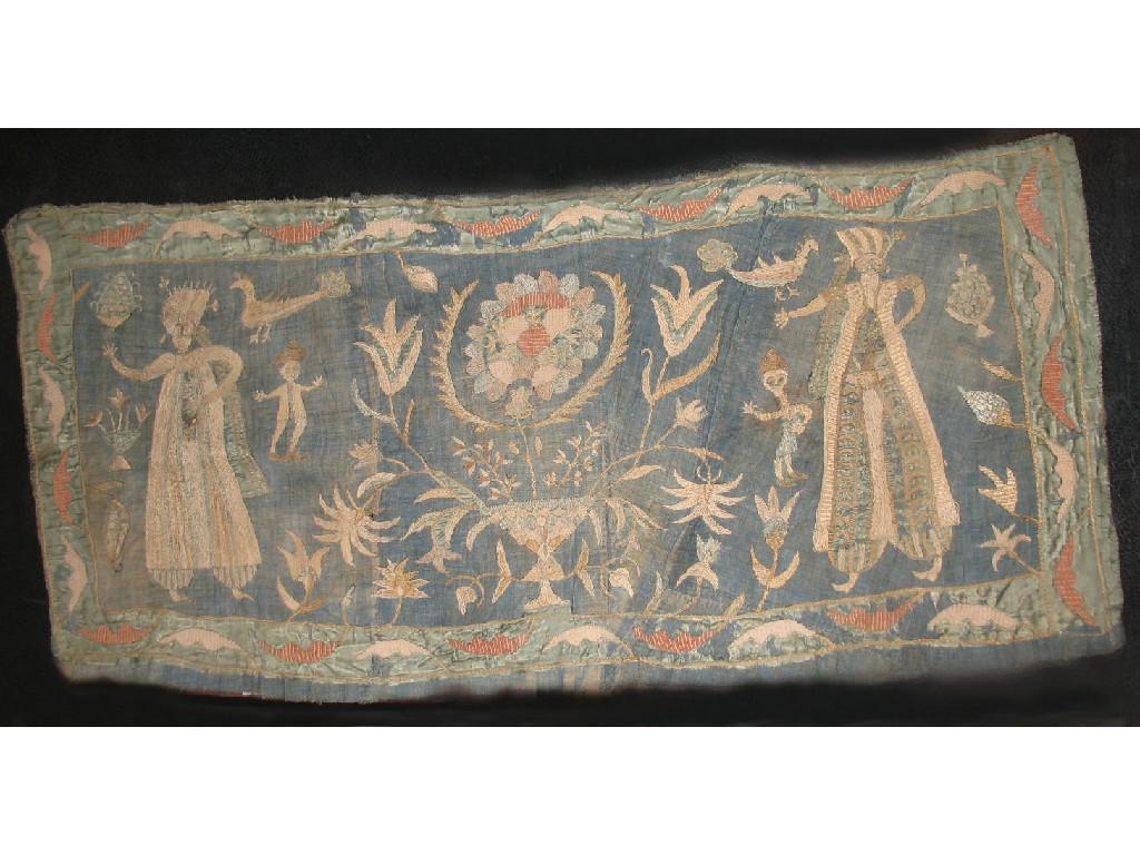 Appraisal: AN ANATOLIAN STYLE EMBROIDERED FABRIC PANEL depicting stylised figures birds