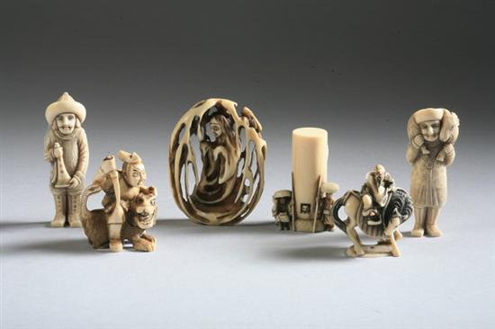 Appraisal: SIX JAPANESE IVORY NETSUKE Signed Two figures of Nanban man