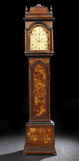 Appraisal: Fine English Red-Lacquered and Polychromed Tallcase Clock early th century