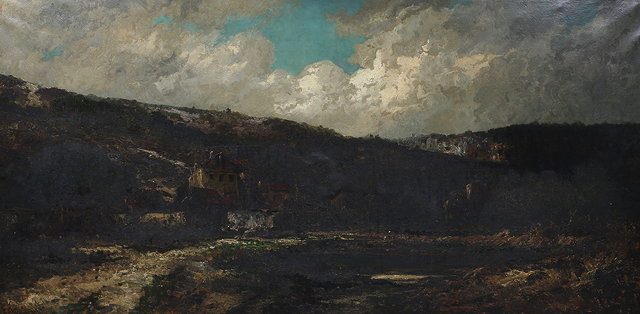 Appraisal: TH CENTURY ITALIAN SCHOOLA hillside with buildings under a cloudy