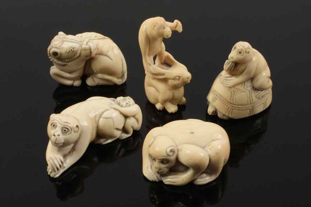 Appraisal: IVORY NETSUKE - Five Early Japanese Ivory Netsuke all signed