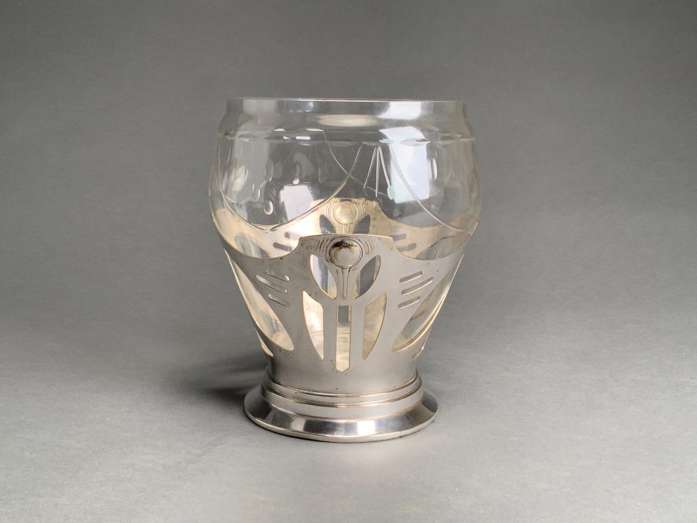 Appraisal: ART DECO SILVERPLATE AND ETCHED GLASS CENTERPIECE VASE H INArt