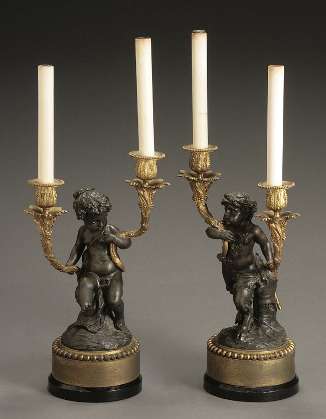 Appraisal: Pair of Louis XVI Style Ormolu and Bronze Figural Two-Light