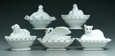 Appraisal: Five milk glass animal dishes all with reticulated borders -