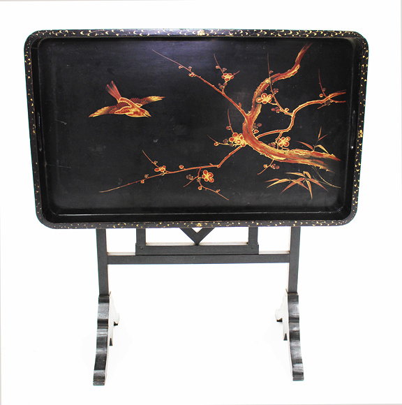 Appraisal: A FOLDING BLACK LACQUERED CHINOISERIE DECORATED GALLERIED TRAY the stand